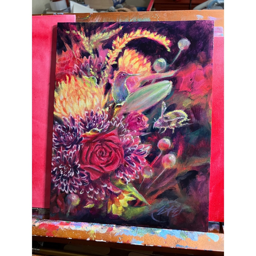 Artettina hummingbird Original Painting Floral Bumblebee art red rose flowers US